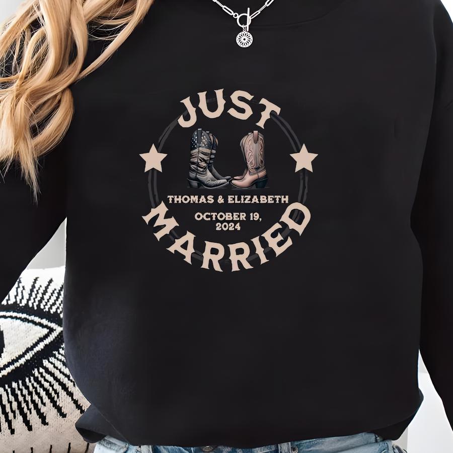 Custom Just Married Cowboy Boots T-shirt, Country Couple Gift Sweatshirt