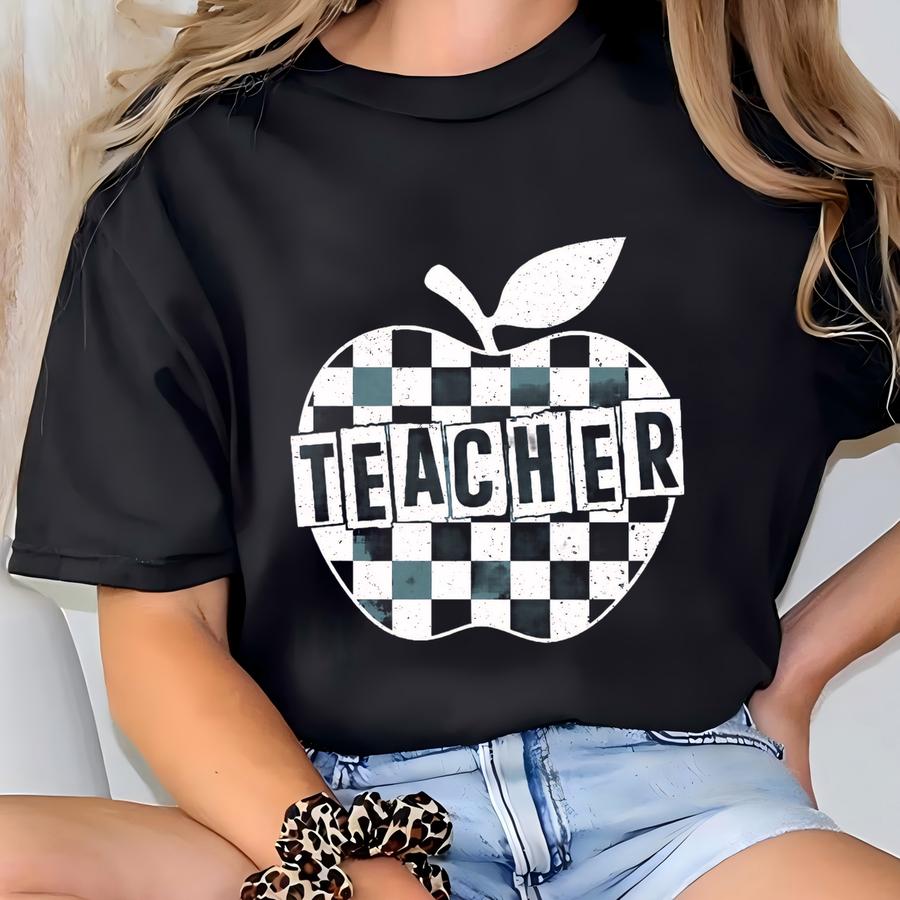Teacher Checkerboard Apple Shirt, Retro Teacher Tee ® , Back To School Teacher, Cute Teacher Graphic Tee, Distressed Apple Tee T-shirt