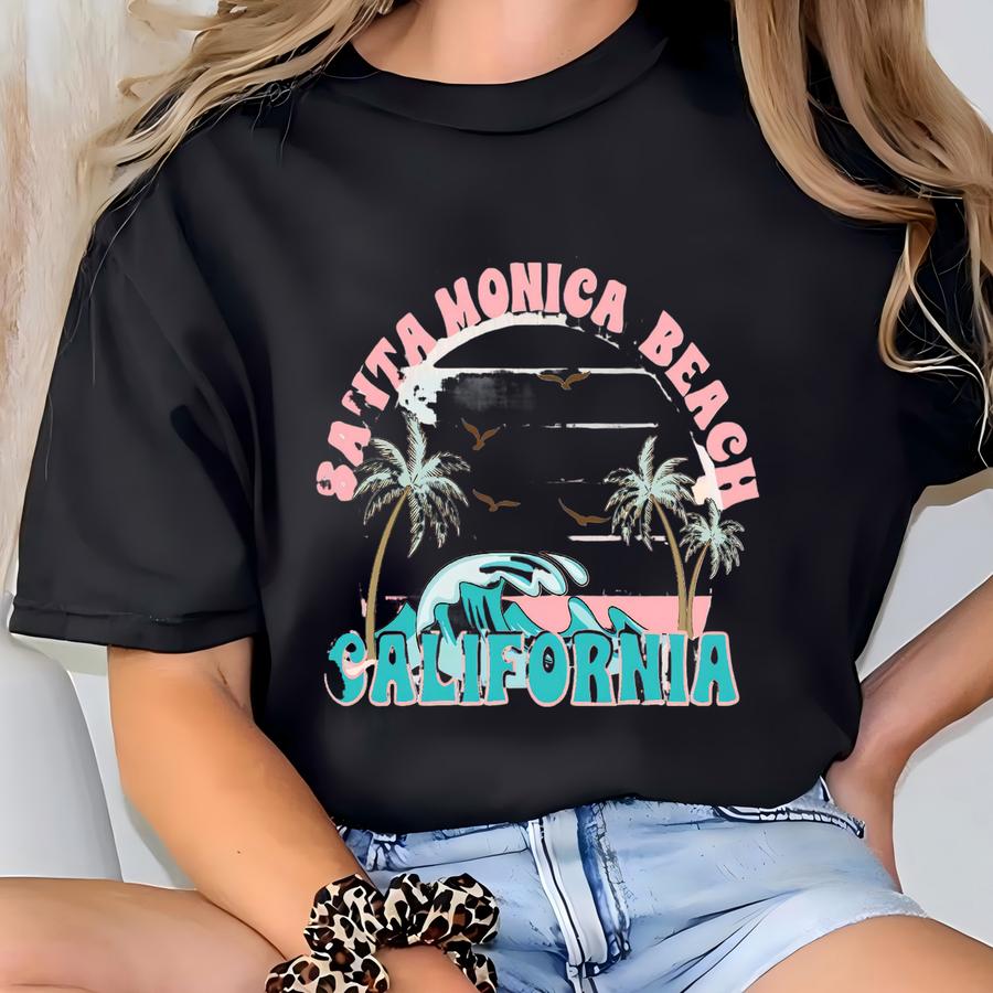 Santa Monica California Beach Hoodie, Beach Tee, Retro Beach Design Short Sve Tshirt T-shirt