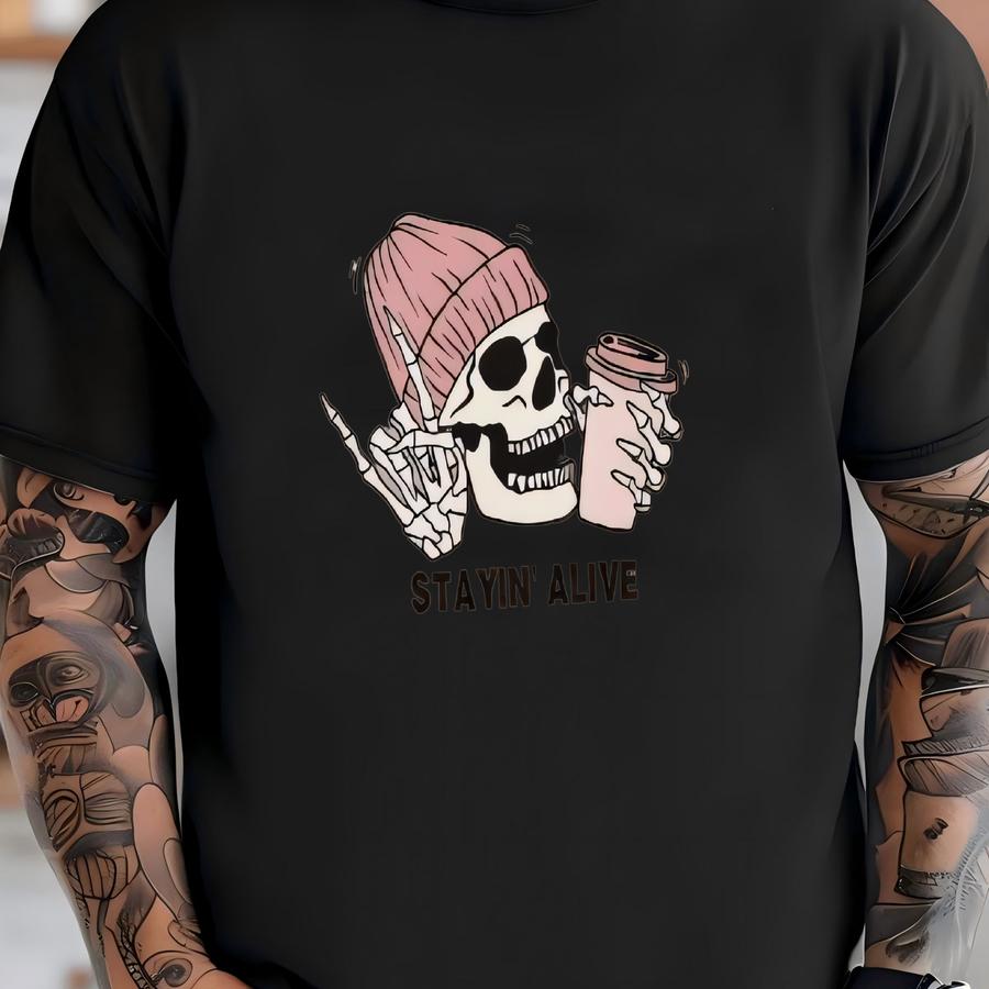 Stayin Alive Sweatshirt, Skeleton Coffee Crewneck, Halloween Sweatshirt, Funny Crewneck, Fall Sweatshirt, Frankenstein Portrait Shirt T-shirt