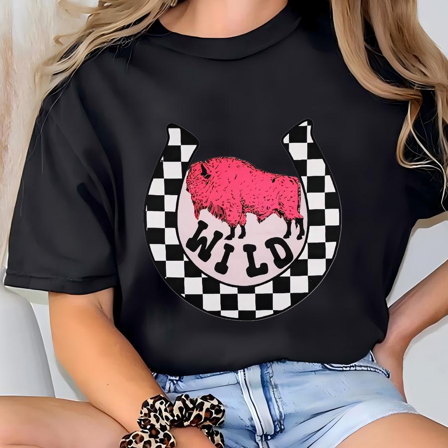 Buffalo With Horses Shirt, Wild Shirt, Buffalo Shirt, Black And White Plaid Shirt, Western Rodeo Graphic Tee T-shirt