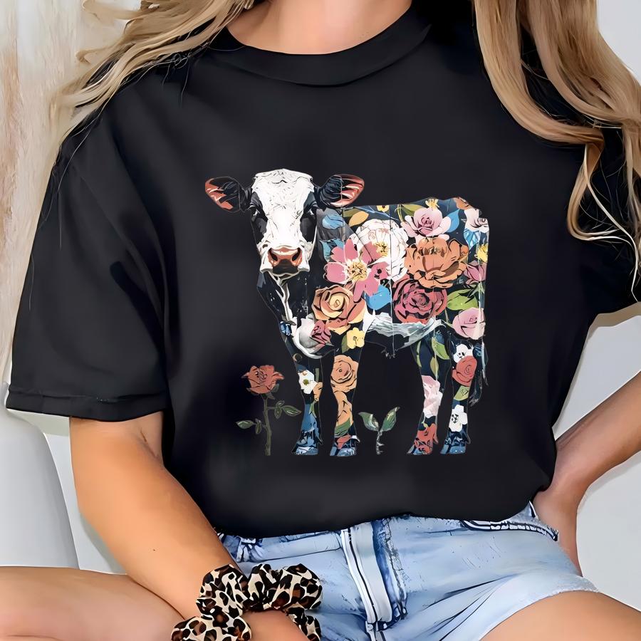 Cow Shirt With Flowers, Floral Cow Roses Shirt, Rose Shirt, Flower Shirt, Cowgirl Shirt, Cute Cow Tee, Cow Shirt For Plant Lover T-shirt