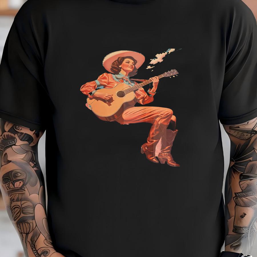 Vintage Cowgirl Singing From Heavens Art Print, Retro Cosmic Cowgirl Print, Modern Western Boho Wall Decor, Cowgirl Decoration, Giclée Print T-shirt