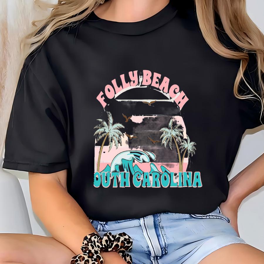 Folly Beach, South Carolina Beach Hoodie, Beach Tee, Retro Beach Design Short Sve Tshirt T-shirt