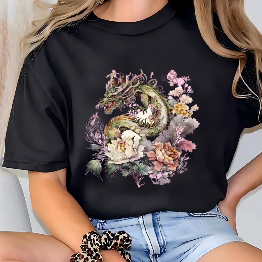 Boho Dragon Floral Shirt, Mystic Fantasy Dragon Flower Sweatshirt, Chinese Zodiac Year Of Dragon Tee, Gift For Dragon Lover, Dragon Shirt T-shirt