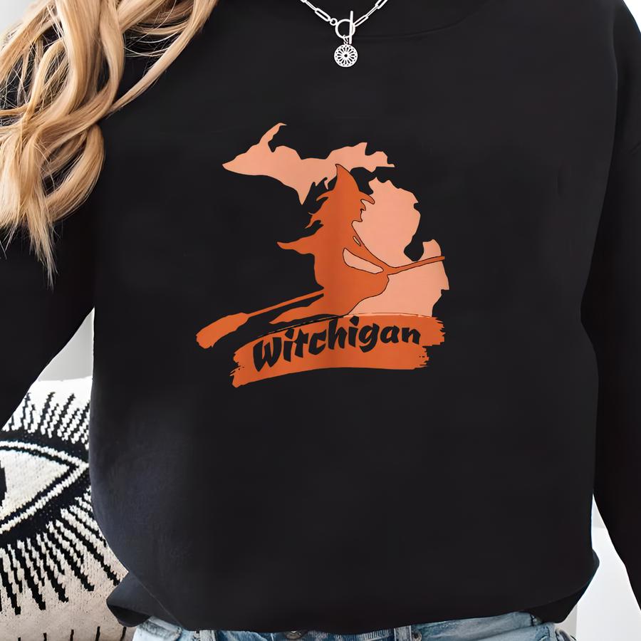 Halloween Michigan Witchigan Unisex Heavy Blend™ Crewneck Sweatshirt Funny Mi Witch Flying On Broom Fall Gift For Friend Spooky Season Lover Sweatshirt