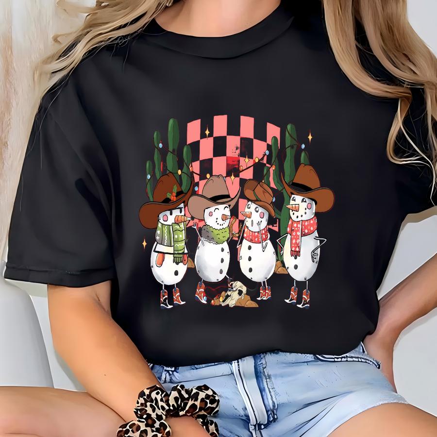 Western Snowmen Christmas Shirt, Retro Cactus Tee T-shirt