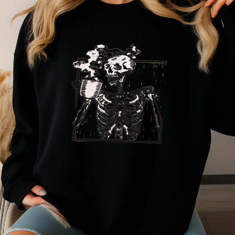 Skeleton Drinking Coffee Shirt, Coffee Skeleton Sweatshirt, Coffee Halloween Hoodie, Halloween Shirt, Halloween Shirt Gift Sweatshirt