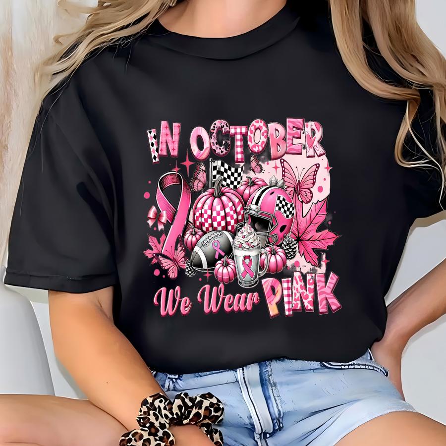 In October We Wear Pink Sweatshirt, Breast Cancer Awareness, Pink Ribbon Shirt,cancer Survivor,checkered Pumpkin Tee, Breast Cancer Football T-shirt