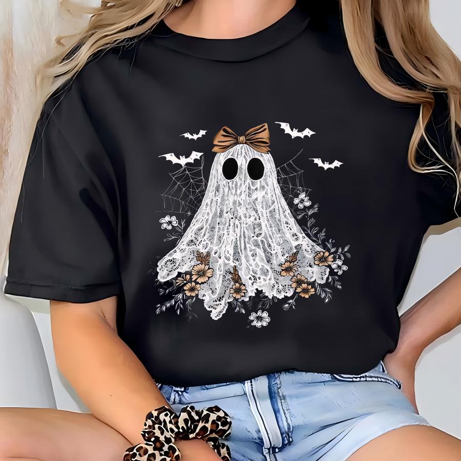 Halloween Lace Ghost Sweatshirt Ghost Bow Crewneck Coquette Halloween Sweater Spooky Fall Floral Long Sved Sweatshirt Cute Ghost Lovers T-shirt