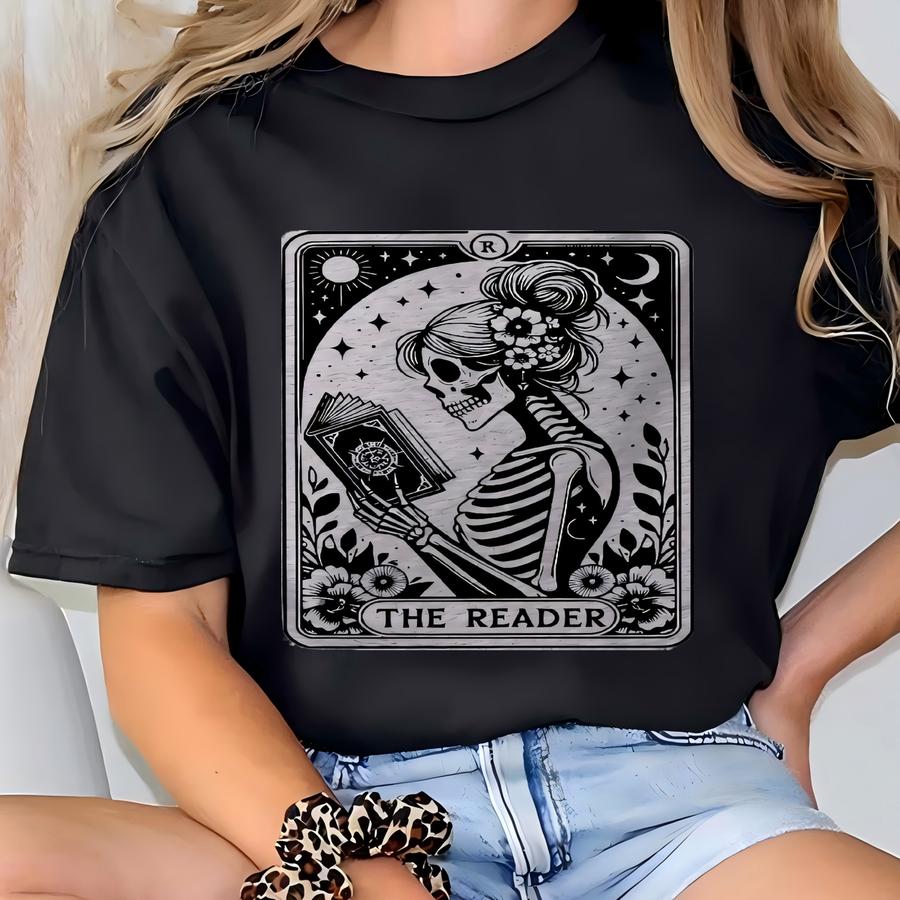 The Reader Tarot Card Shirt, Skeleton Reading Sweatshirt, Book Lover Hoodie, Tarot Lover Gift, Halloween Skeleton Tee, Bookish Gift Hoodie T-shirt