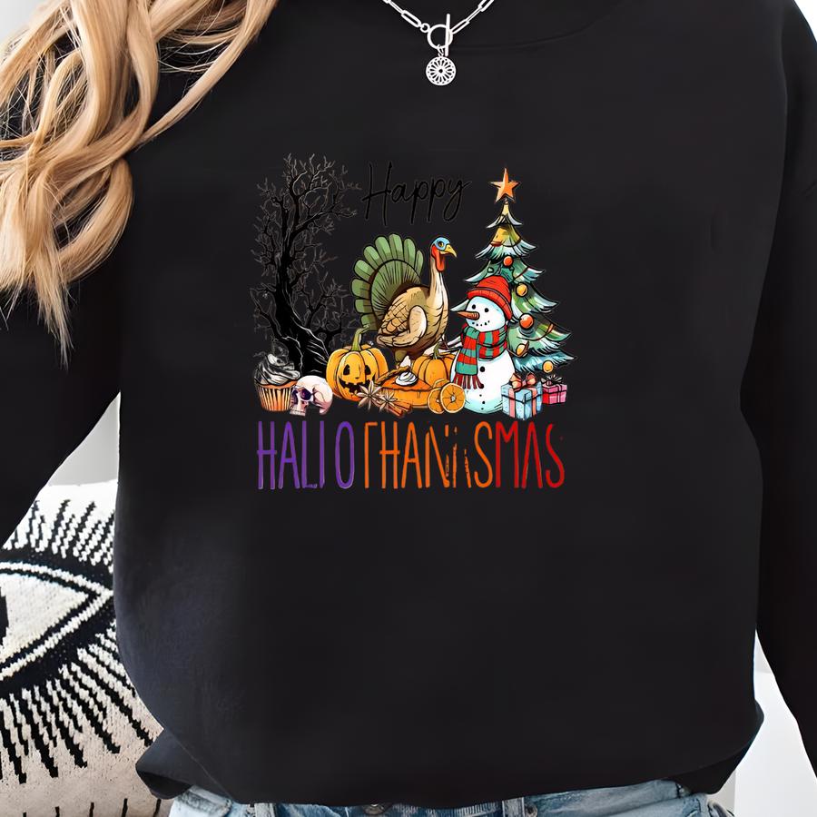 Happy Hallothanksmas Sweatshirt, Holiday Season, Funny Halloween Sweatshirt Sweatshirt