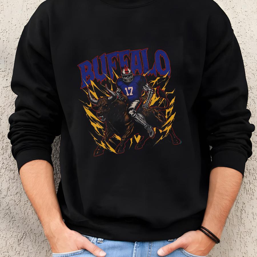 Buffalo Football Skeleton Graphic Sweatshirt - Vintage Bills Crewneck Sweatshirt