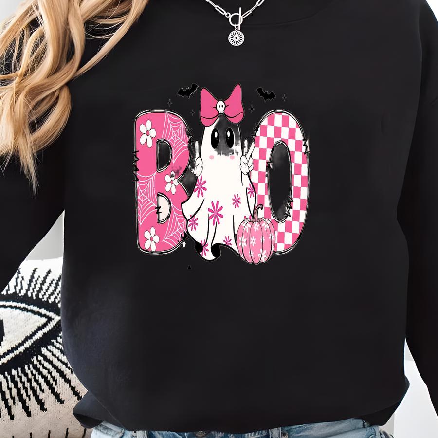 Personalized Halloween Kids Name Png, Retro Boy Girl Boo Png, Ballcap, Coquette Bow, Halloween Boy/ Girl, Hand Drawn, Spooky Season Png Sweatshirt