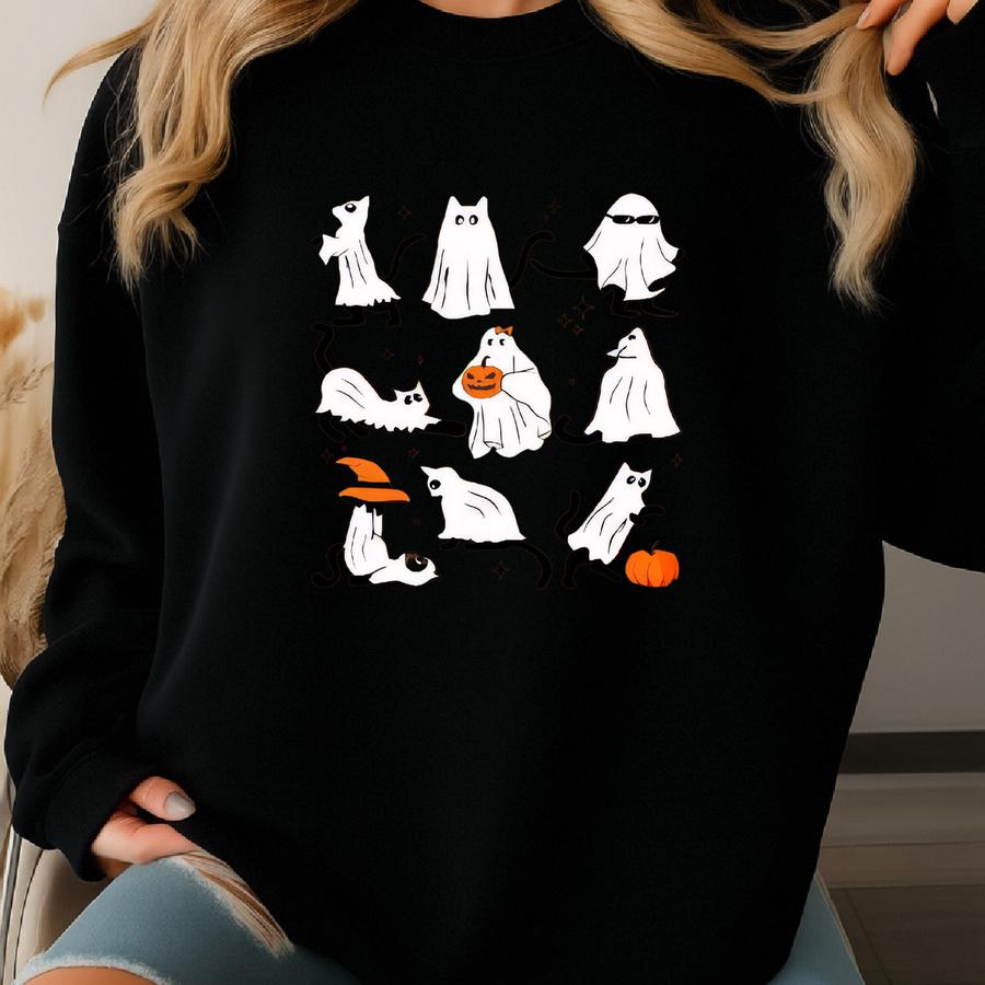Halloween Black Cat Romper Sweatshirt, Halloween Ghost Baby Bodysuit, Spooky Season Cat Baby Outfit, Newborn Baby Outfit, Halloween Gift Sweatshirt