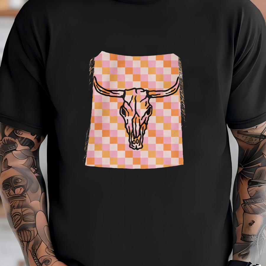 Western Checker Throw Blanket Texas Cowgirl Tapestry Country Music Picnic Blanket Cow Skull Blanket Western Pastel Goth Woven Cotton Throw Shirt