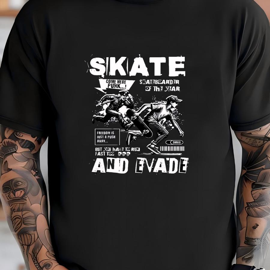 Skate And Evade Skater Vs Police Graphic Tee, Urban Street Style, Adult Unisex Hoodie, Graffiti, Vintage Skateboarding Free Shipping! T-shirt