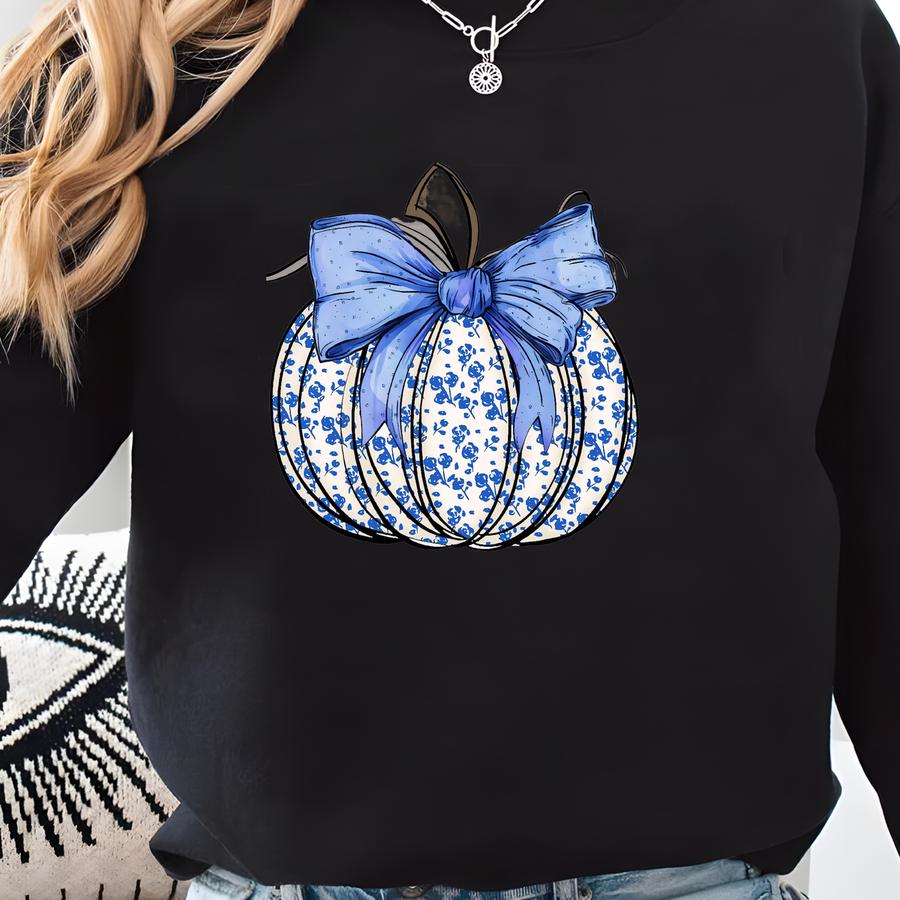 Fall Pumpkin Dtf Transfer, Blue Floral Pumpkin Iron-on, Diy Fall Apparel, Easy To Apply, Unique And Stylish Pumpkin Decal For Autumn Fashion Sweatshirt