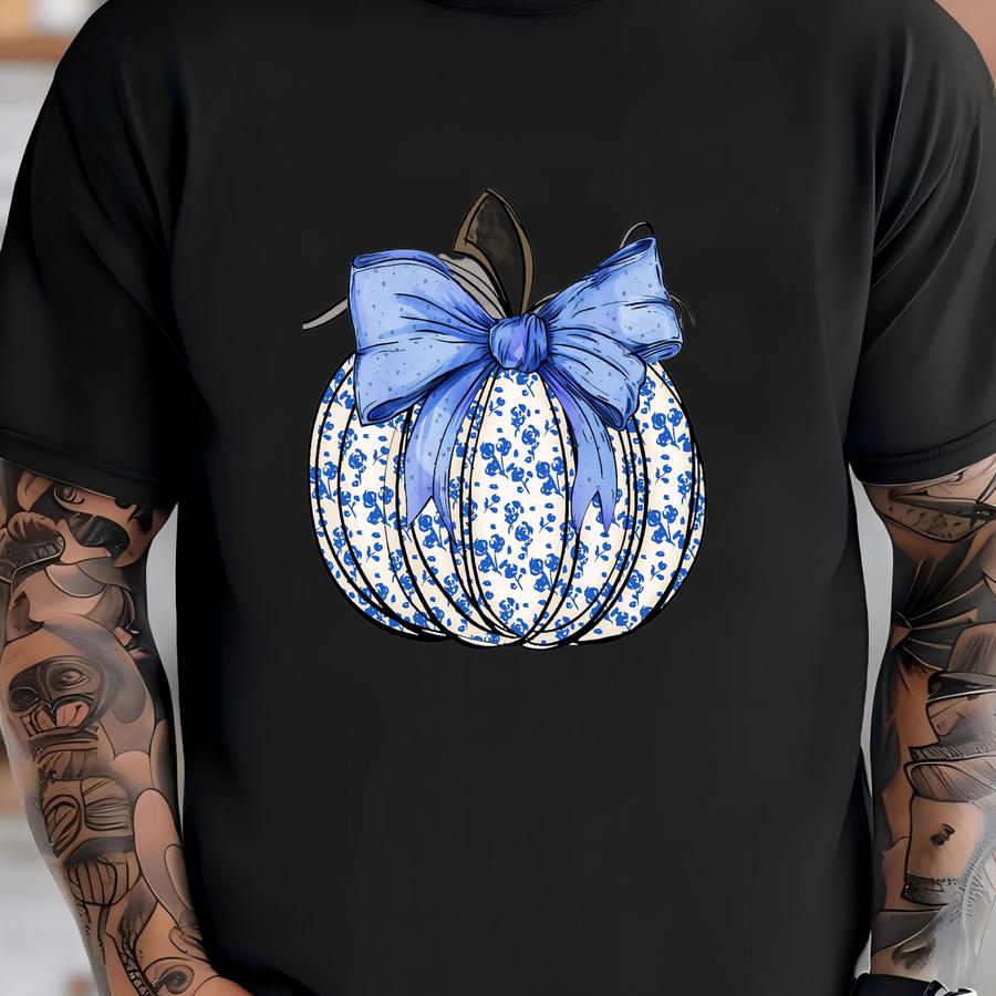 Fall Pumpkin Dtf Transfer, Blue Floral Pumpkin Iron-on, Diy Fall Apparel, Easy To Apply, Unique And Stylish Pumpkin Decal For Autumn Fashion T-shirt