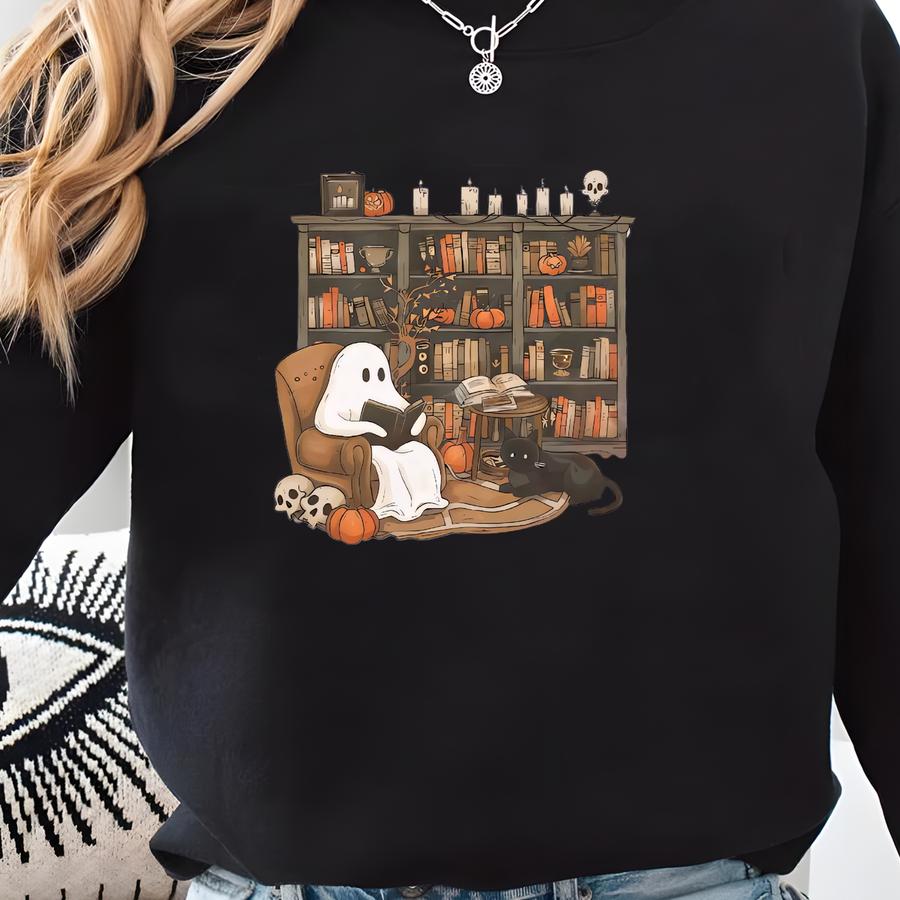 Retro Ghost Reading Books Sweatshirt, Librarian Ghost Halloween, Halloween Teacher Sweatshirt, Halloween Sweater, Teacher Gift, Boo School Sweatshirt