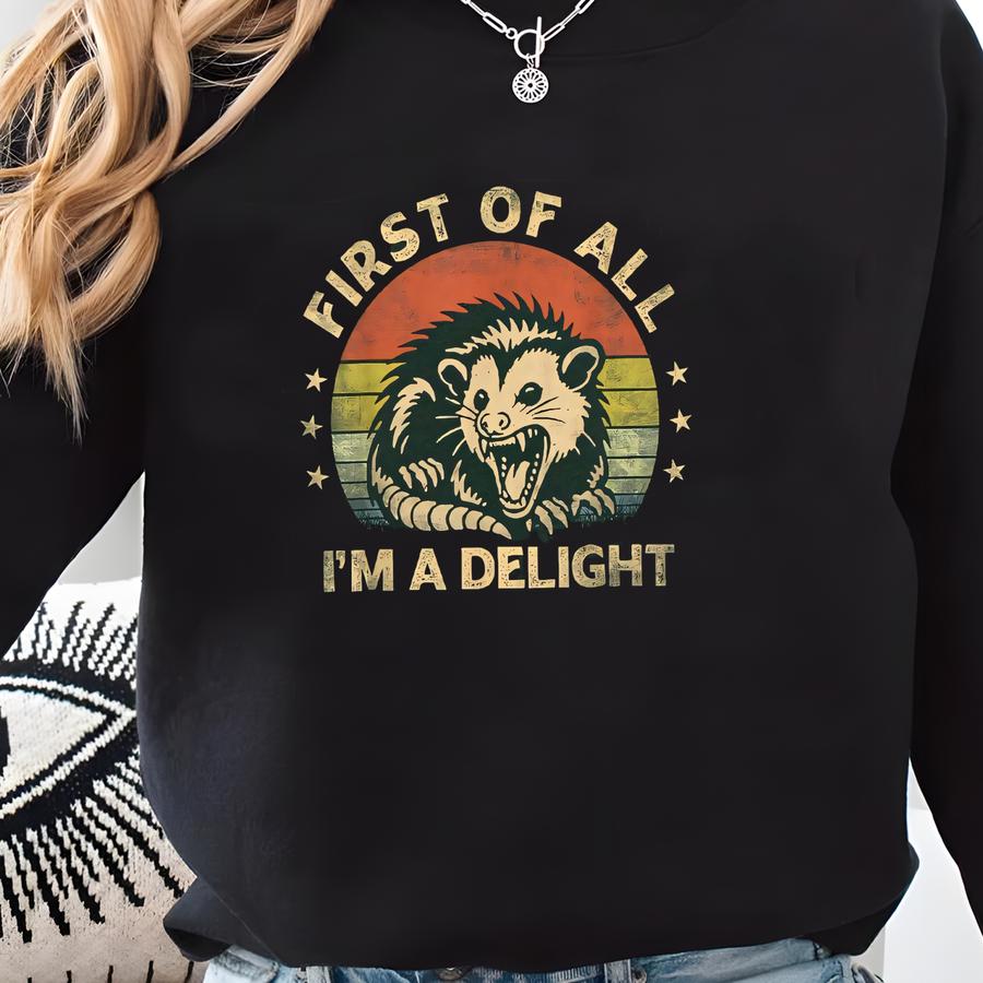 First Of All I'm A Delight Sarcastic Angry Opossum Lover Sweatshirt, Cute Sarcastic Hoodie, Sarcastic Self Love, Sarcasm Hoodie, Birthday Sweatshirt