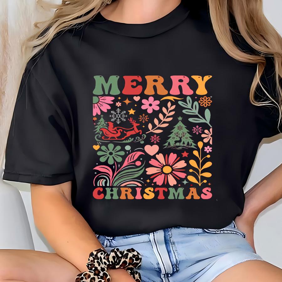 Merry Christmas Boho Flowers Sweatshirt, Floral Christmas Sweat, Retro Holiday Gift, Groovy Xmas Crewneck, Merry And Bright Hoodie, T-shirt