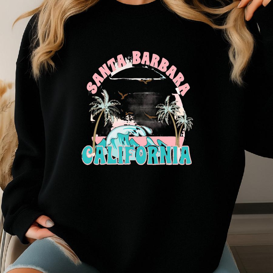 Santa Barbara California Beach T-shirt, Beach Tee, Retro Beach Design Short Sve Tshirt Sweatshirt