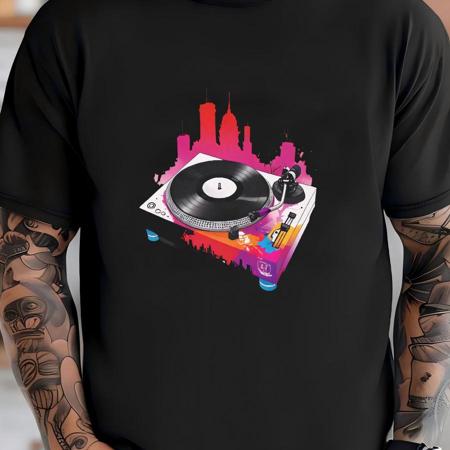 Graffiti Dj Turntable Tee - Unisex Adult Hoodie With City Silhouette Background - Vibrant Street Art Style - Graphic Tee T-shirt