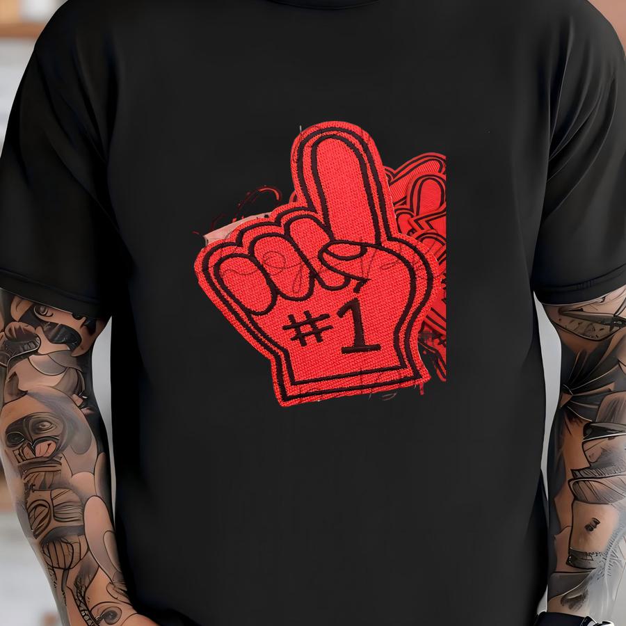 Fan Foam Finger Patch - Iron On Patch - Y - Trucker Hat Accessory - Red Black Number 1 #1 T-shirt