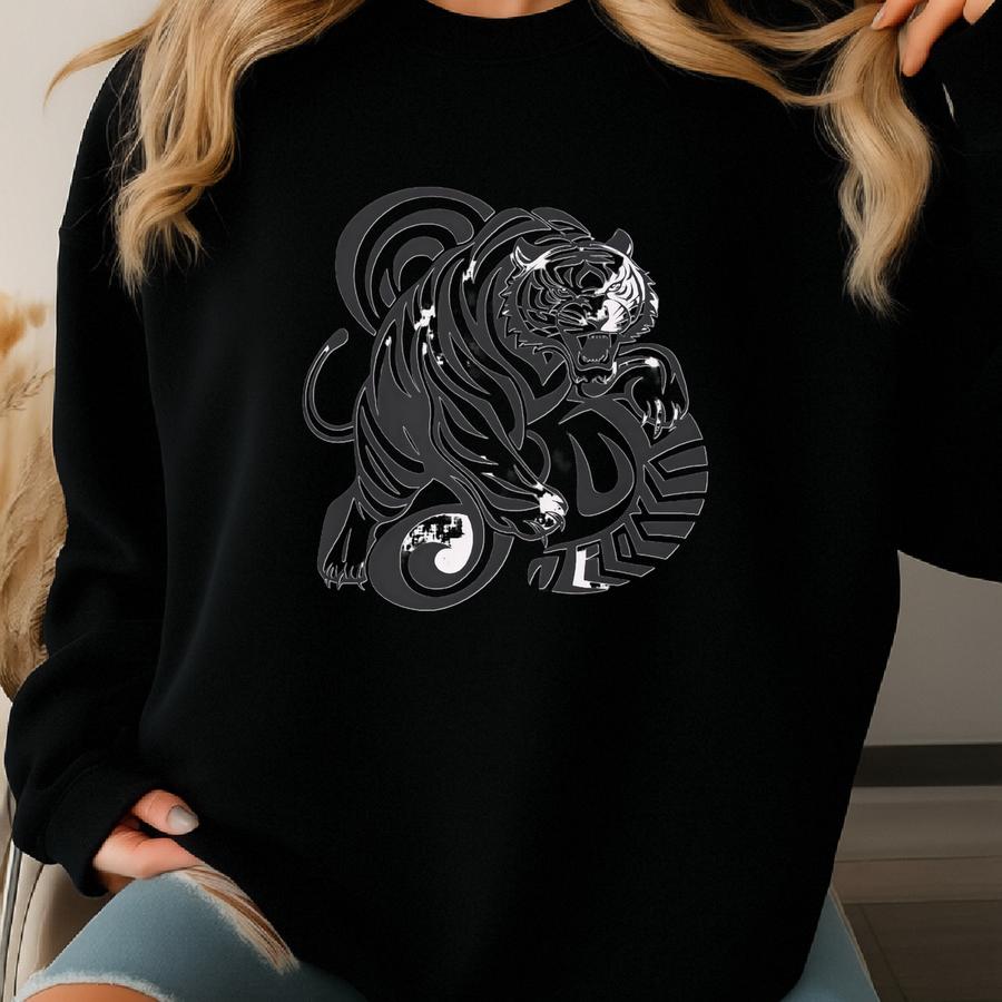 Fierce Tiger Tee Unisex Adult T-shirt Tribal With Bold Black Ink Woodcut Design Asian-inspired Art - Cat Lovers Sweatshirt