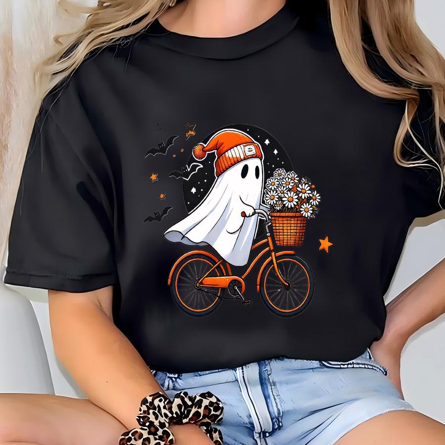 Cute Halloween Ghost On A Bike Sweatshirt, Floral Ghost Halloween Sweater, Ghost Riding Bike Sweat, Funny Halloween Sweat Biking Ghost Sweat T-shirt