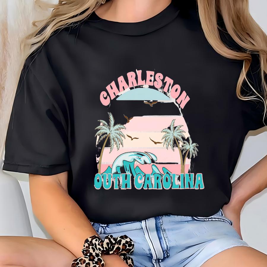 Charleston South Carolina Beach Hoodie, Beach Tee, Retro Beach Design Short Sve Tshirt T-shirt