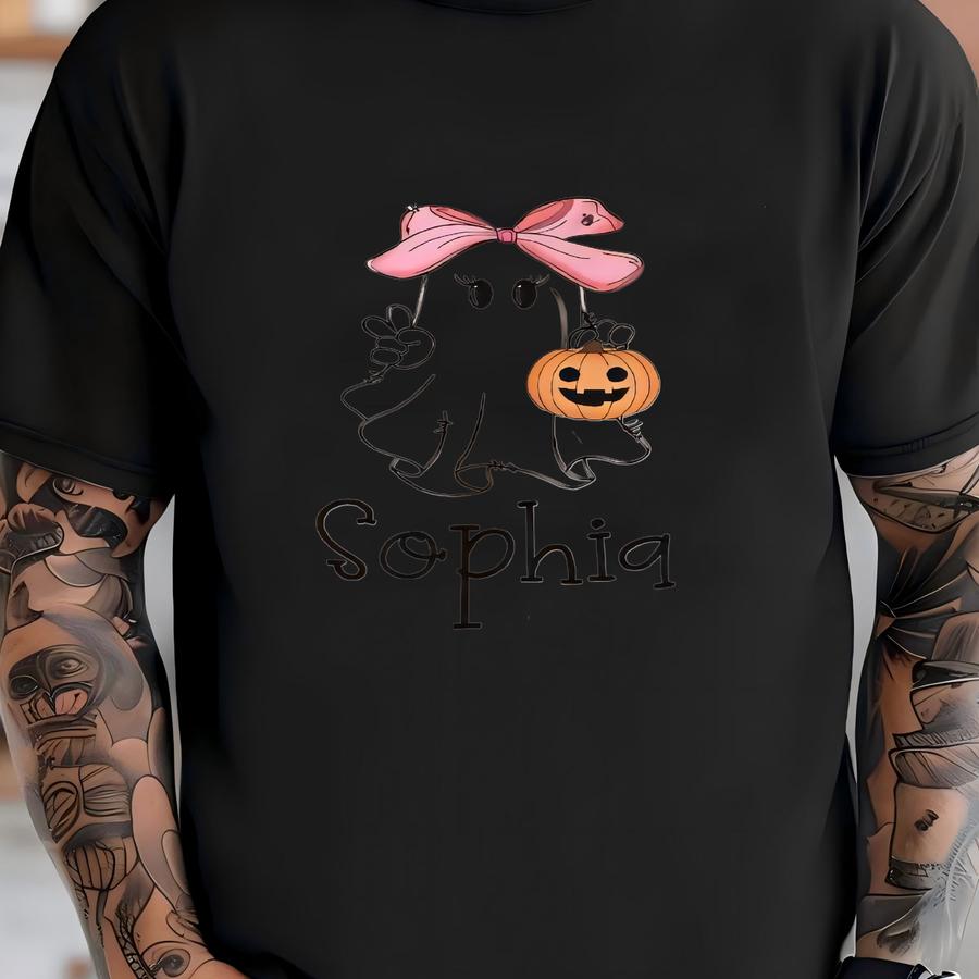 Girls Halloween Shirt For Toddler Girls Halloween Costume - Personalized Cute Ghost With Name Girls Shirt For Fall - Custom Name Ghost Shirt T-shirt