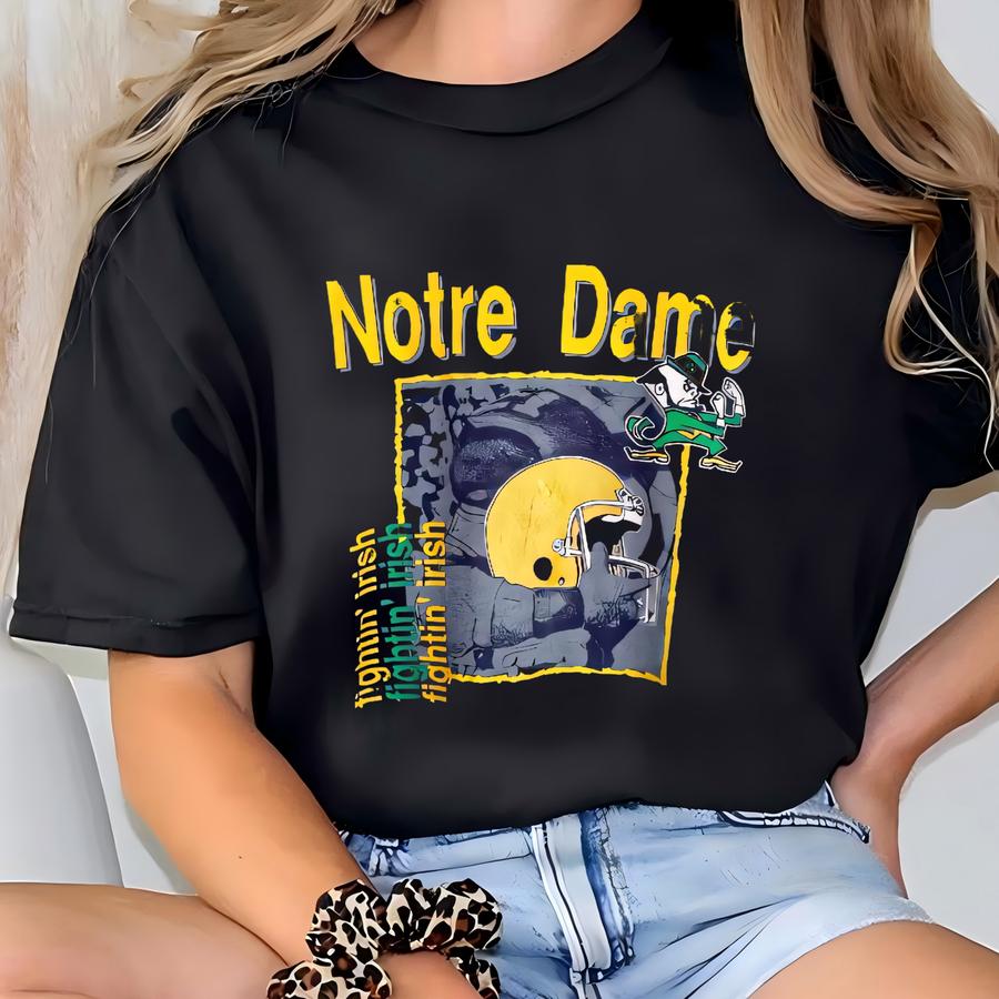 90s Ncaa University Of ‘fighting Irish’ Hoodie Print Logo Blue Color Men’s L T-shirt