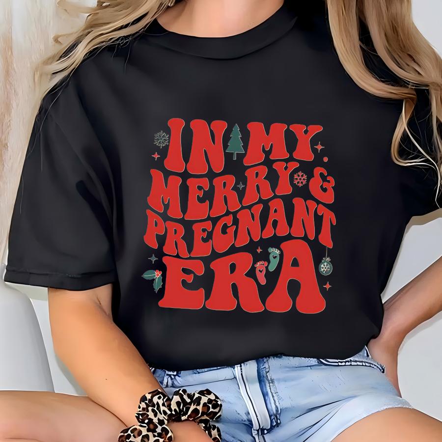 Merry Pregnant Era Shirt, Pregnancy Reveal Christmas Hoodie, Christmas Pregnancy Pooh Bear Shirt, Baby Announcement Shirt T-shirt