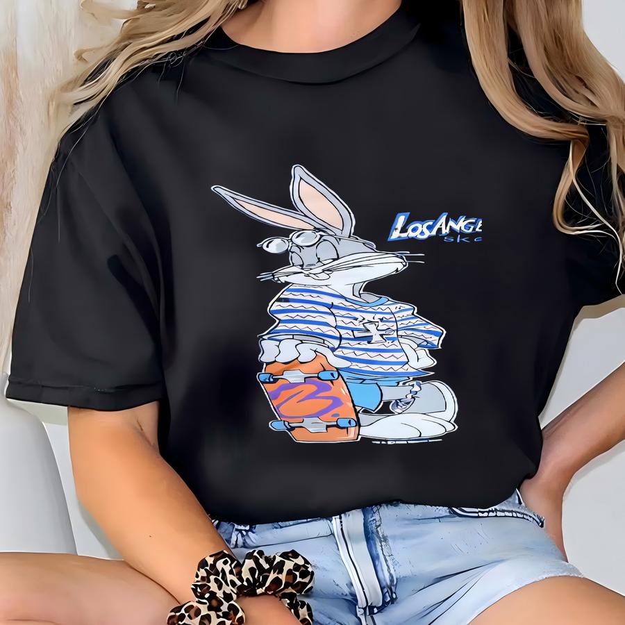 Vintage 90s Bugs Bunny Los Angeles Skate Sweatshirt Bugs Bunny Crewneck Bugs Bunny Pullover Printed Logo Blue Color Men’s Fit M T-shirt