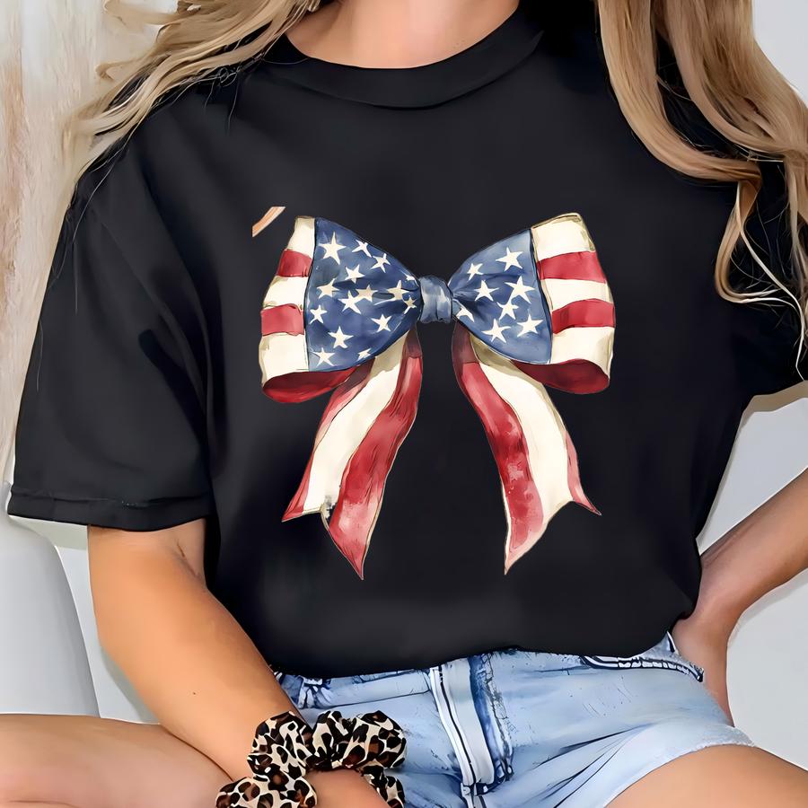 American Flag Coquette Bow Shirt, Red White Blue Girly 4th Of July, Usa Flag Coquette Tee, Patriotic Gift For Wife T-shirt