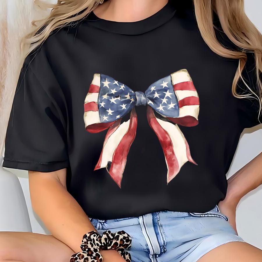 American Flag Coquette Bow Sweatshirt, Red White Blue Girly 4th Of July Sweater, Usa Flag Coquette Shirt, Patriotic Gift For Wife T-shirt