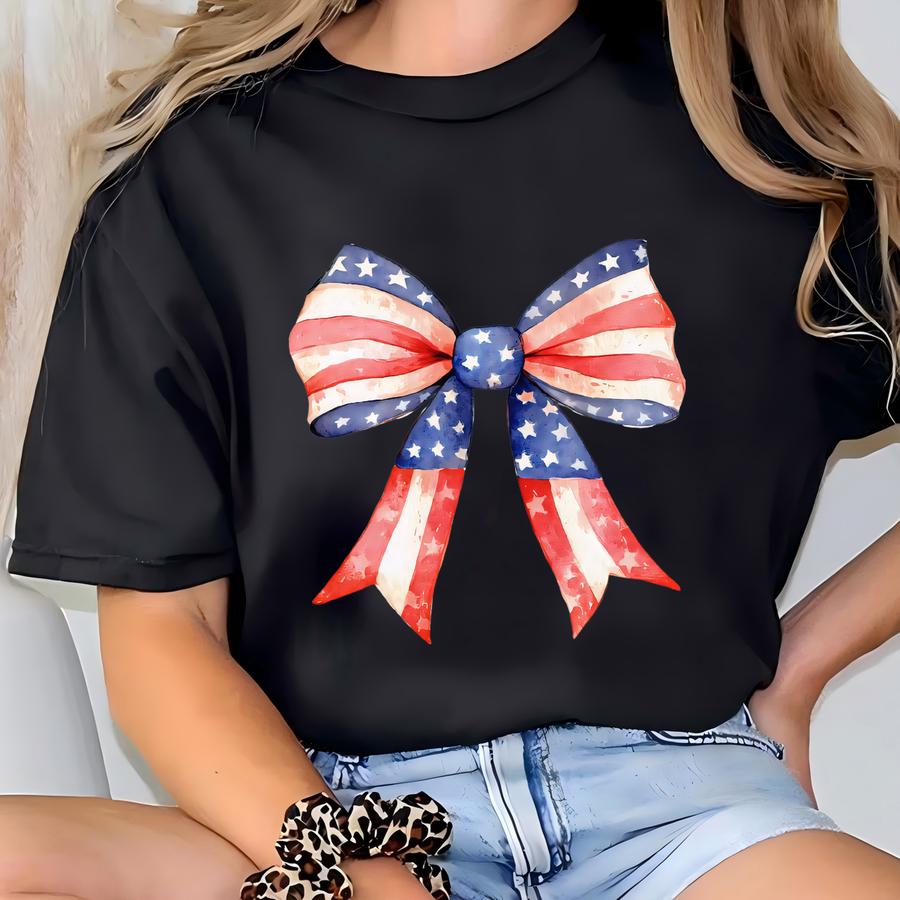 American Flag Coquette Bow Shirt, Red White Blue Girly 4th Of July, Usa Flag Coquette Tee, Patriotic Gift For Wife T-shirt