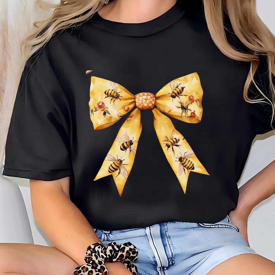 Bumblebee Pattern Coquette Bow Watercolor Sweatshirt, Queen Bee Gift, Honey Bee Lover, Beekeeper Cottagecore, Entomologist Insect Bug Lover T-shirt