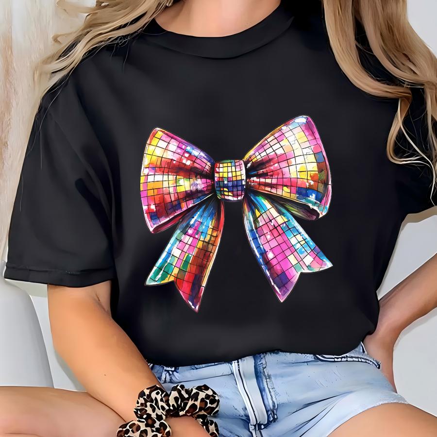 Disco Ball Coquette Bow Shirt, Teacher Disco Ball Shirt, Pink Bow Coquette Aesthetic, Glitter Sparkle Bow, Bachelorette Disco T-shirt
