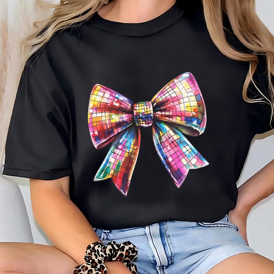 Disco Ball Coquette Bow Sweatshirt, Teacher Disco Ball Top, Pink Bow Coquette Aesthetic, Glitter Sparkle Bow, Bachelorette Disco Sweatshirt T-shirt