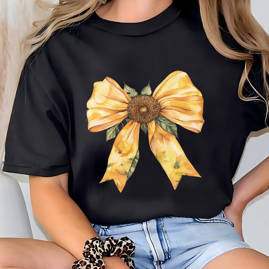 Suower Coquette Bow, Mustard Fall Flowers, Wildflower Floral Bow, Sun Flower Gift For Mom, Cute Suower Christmas Gift T-shirt