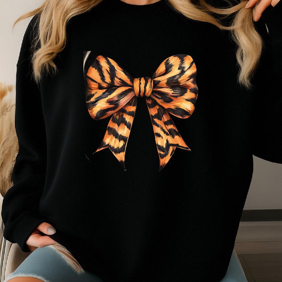 Tiger Coquette Bow Shirt, Cute Tiger Pattern Bow Shirt, Gameday Tiger Shirt, Sport Mom Shirt, Family Zoo Day Mom Shirt Gift Sweatshirt