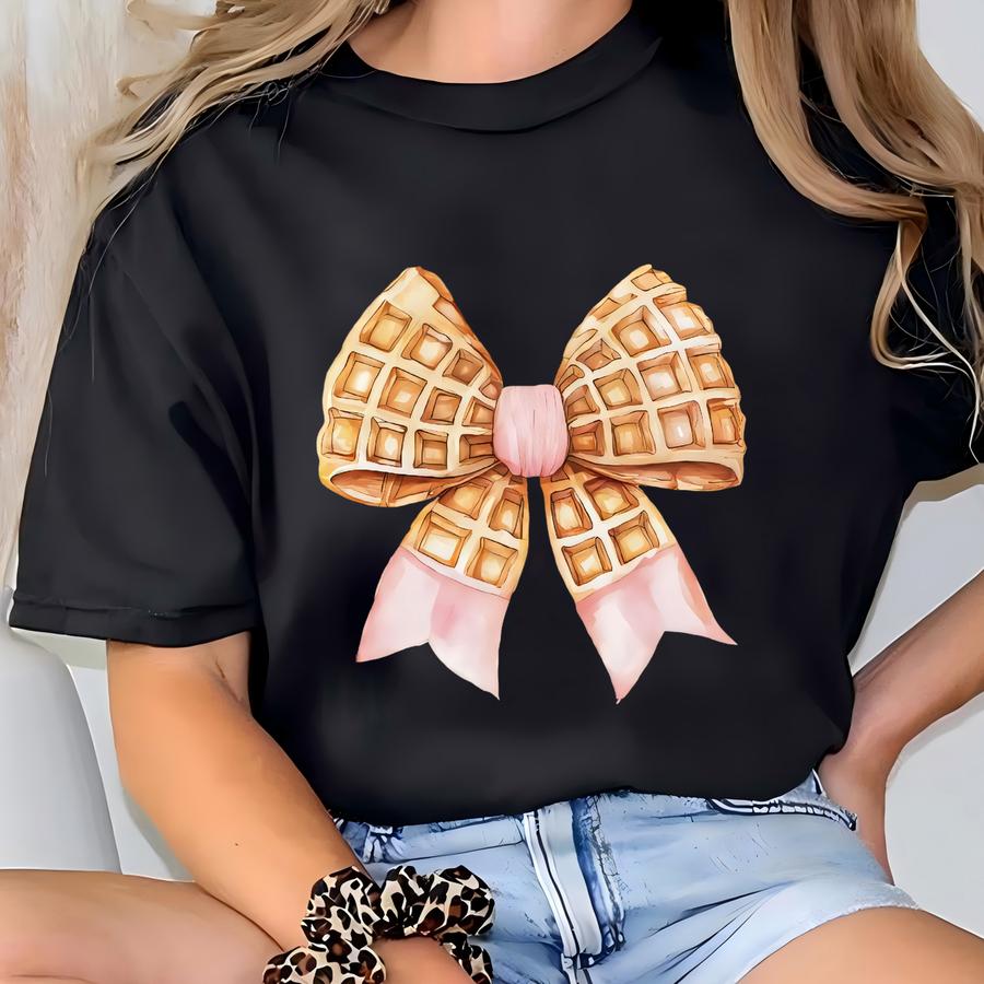 Waffle Coquette Bow Sweatshirt, Pink Waffle Breakfast Shirt, Cute Waffle Mom Sweatshirt, Breakfast Lover Shirt, Brunch Bridal Shower Gift T-shirt