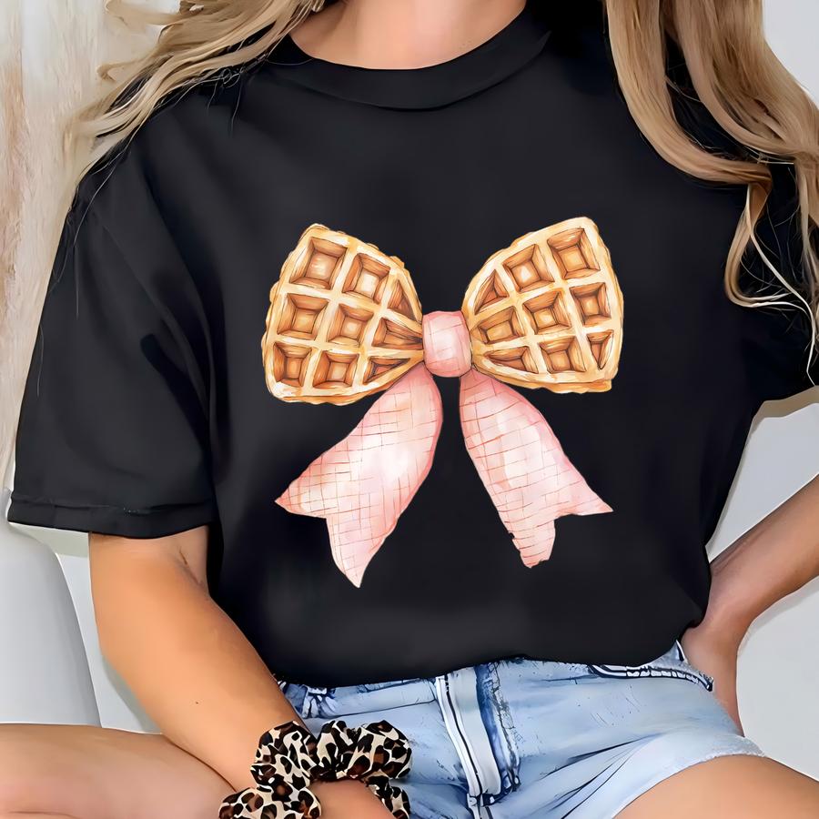 Waffle Coquette Bow Sweatshirt, Pink Waffle Breakfast Shirt, Cute Waffle Mom Sweatshirt, Breakfast Lover Shirt, Brunch Bridal Shower Gift T-shirt