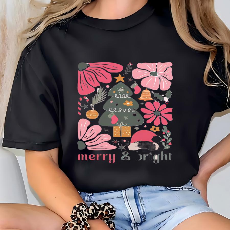 ® Merry And Bright Christmas Shirt, Pink Christmas, Christmas Gifts, Chic Winter Shirt, Christmas Crew Cute Holiday Tee, Boho T-shirt