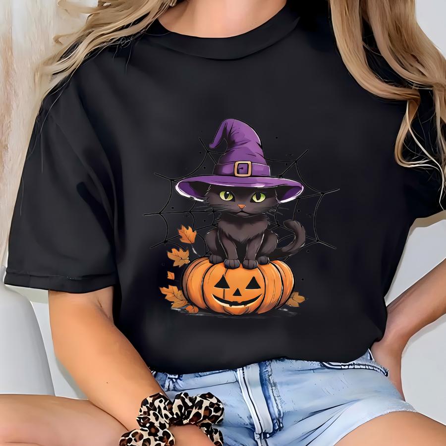 Black Cat Halloween Sweatshirt, Pumpkin Sweatshirt, Spooky Season Hoodie T-shirt