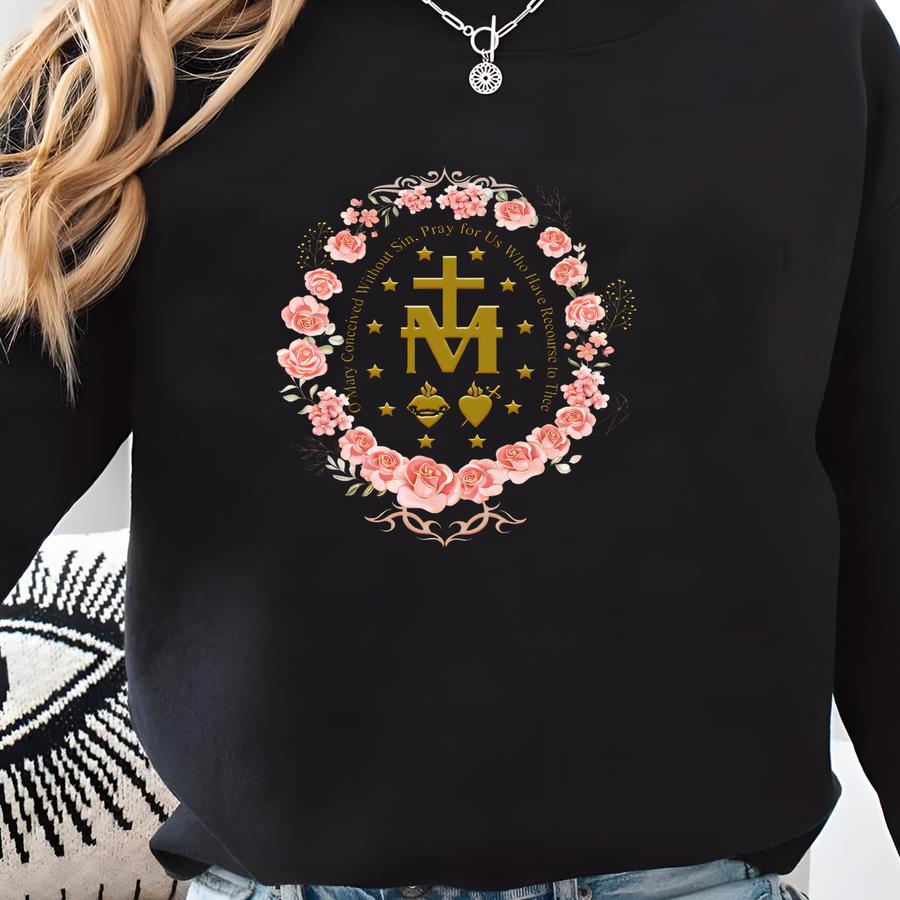 Marian Cross Catholic Shirt: Virgin Mary Crewneck Sweatshirt