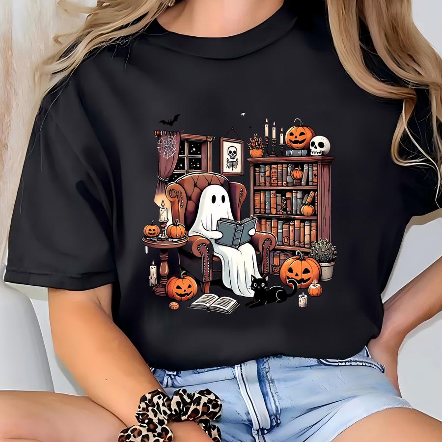 Ghost Sweatshirt Bookish Halloween Shirt Spooky Season Crewneck Library Ghost Reading Shirt Cute Fall Sweatshirt Cozy Halloween Crewneck T-shirt